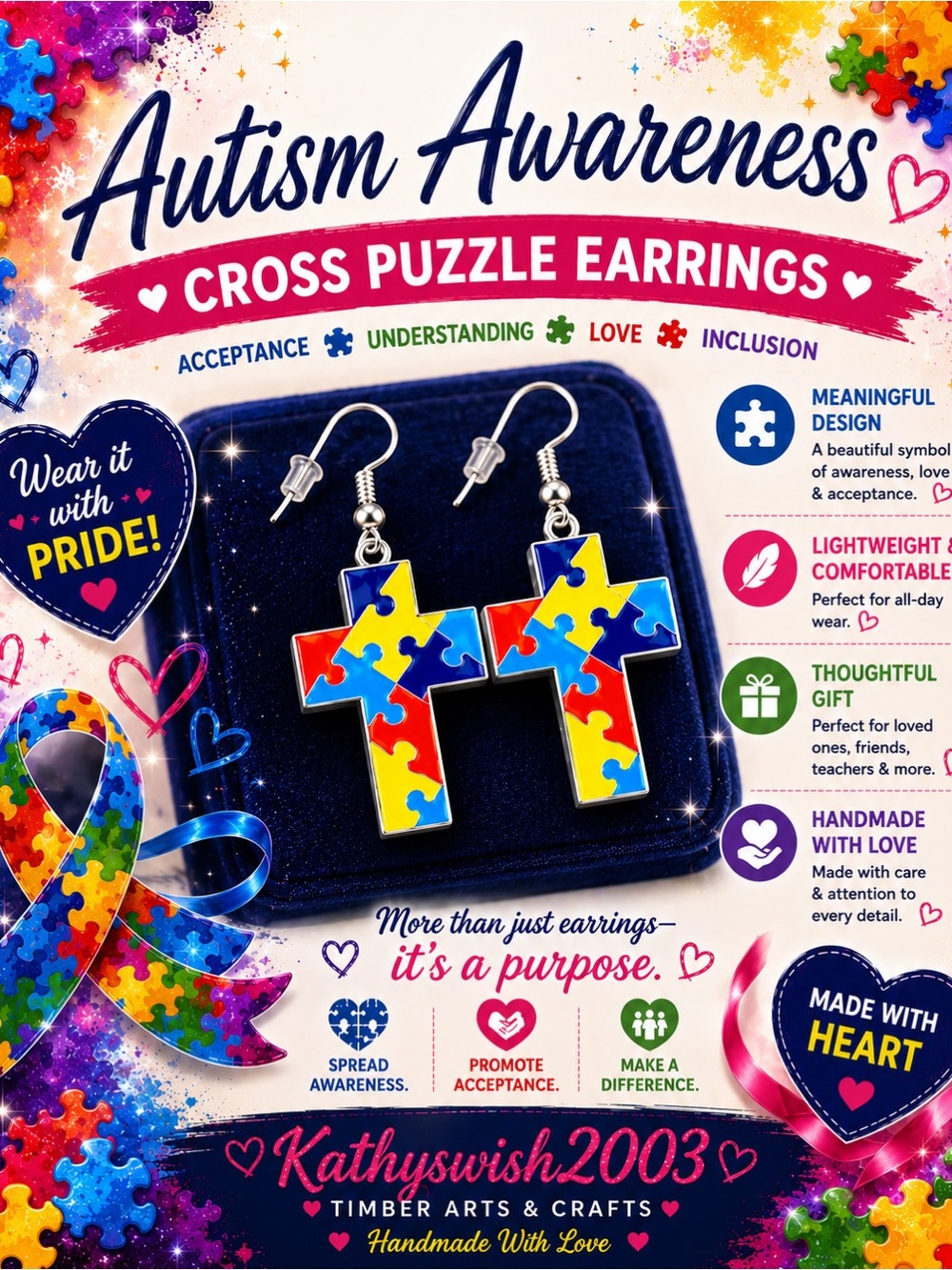 Autism Awareness Cross Puzzle Earrings - Picture 1 of 16